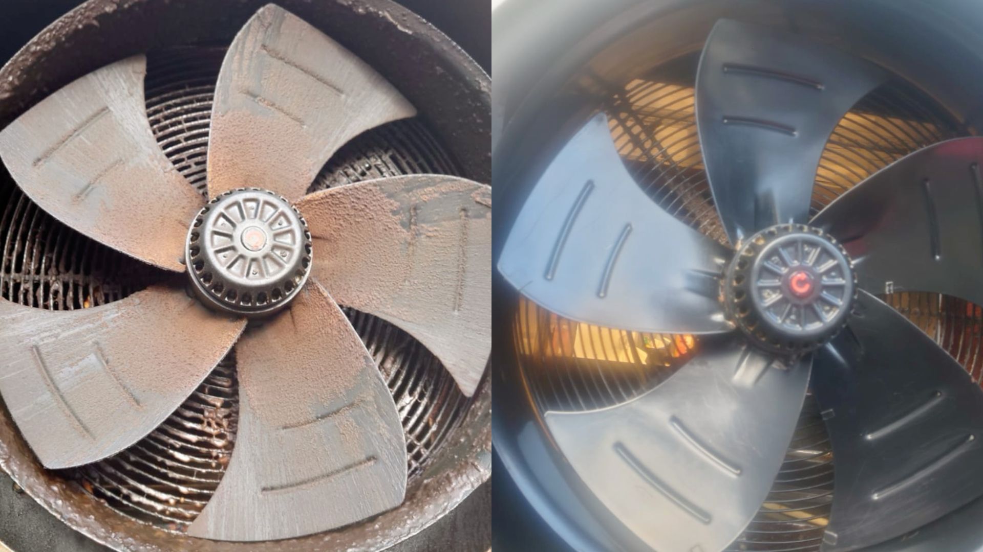 Before and after cleaning of an industrial fan blade